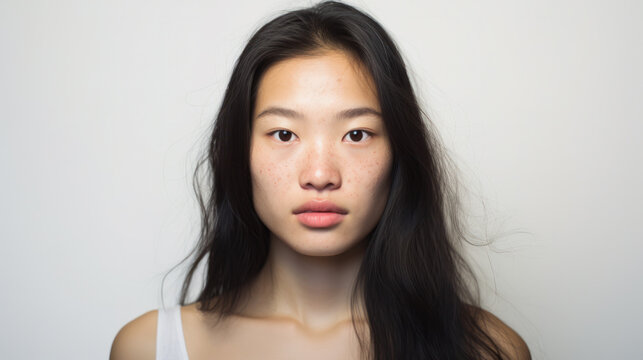 A young woman of Asian appearance with skin imperfections. Rosacea, pigmentation, rashes. Cosmetology concept. Natural beauty