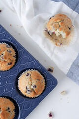 Blueberry muffins in a baking dish. Cupcakes with berries on a white background.