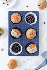 Blueberry muffins in a baking dish. Cupcakes with berries on a white background.