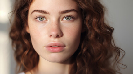 Portrait of a young European woman with problem skin. Cute woman with rosacea, rosacea, pigmentation. Medicine and cosmetology. Skin imperfections.