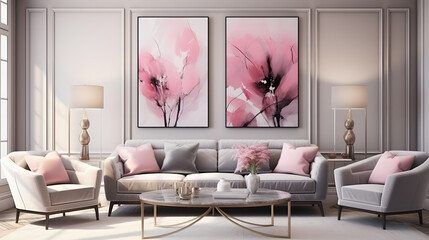Sofa and armchairs against wall with big abstract art poster. Hollywood glam interior design of modern living room