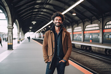 Portrait of latin man with beard smiling on train station platform - obrazy, fototapety, plakaty