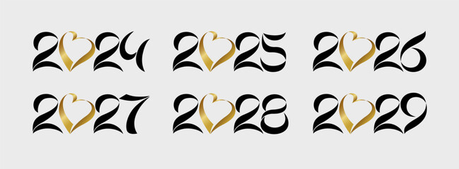 Set of elegant black and gold numbers from 2024 to 2029. Calendar title for 2025, 2026, 2027 and 2028 new year. Creative icons. Graphic collection. Isolated elements. Hand drawn style shiny heart.