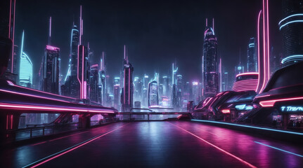Fototapeta na wymiar A futuristic city illuminated with neon lights