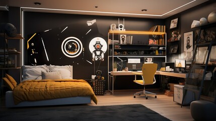 The interior of a fashionable teenager's room in a minimalist style with bright accents of color...