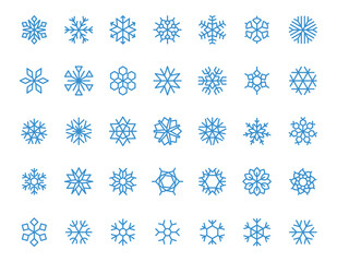 Blue snowflake icons. Winter frozen snowflakes Christmas New year holiday decoration, abstract frosty geometric shapes. Vector isolated collection. Snowy weather with different flakes