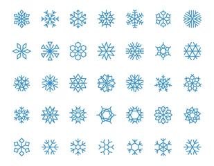 Fotobehang Blue snowflake icons. Winter frozen snowflakes Christmas New year holiday decoration, abstract frosty geometric shapes. Vector isolated collection. Snowy weather with different flakes © Frogella.stock
