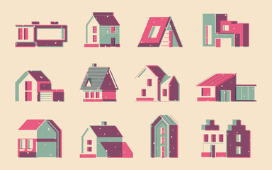 Riso houses printing. Postcard village houses with roofs and windows, cute urban home vintage print with front and side view. Vector isolated set. Countryside outdoor cottage or mansion