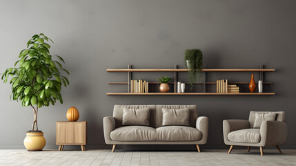 Sofa and chairs against shelving unit. Minimalist interior design of modern living room