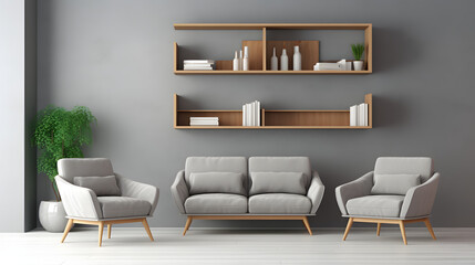 Sofa and chairs against shelving unit. Minimalist interior design of modern living room