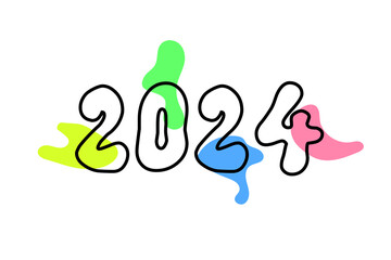 2024 as abstract design concept with number outline and colorful paint splat, blob, splash as fluid design element.