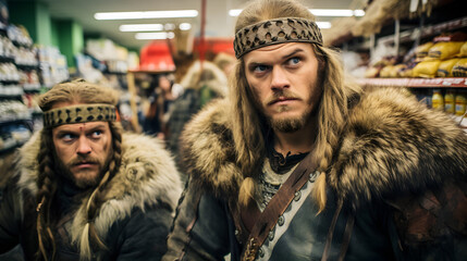 Funny image of viking in a supermarket - Valhalla's Grocery Run