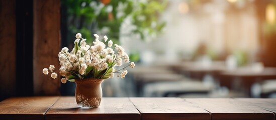 Fototapeta na wymiar White flowers in a wicker vase on a table in an empty cafe