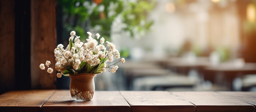 White flowers in a wicker vase on a table in an empty cafe