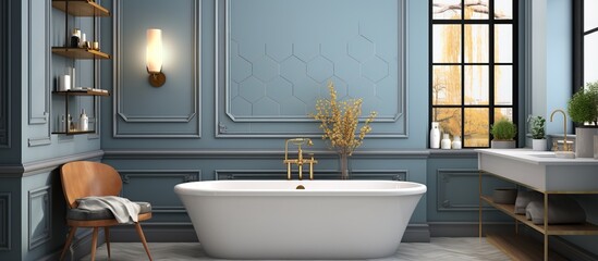 of a bathroom with blue and gray hexagonal wall tiles and a large window in a classic style