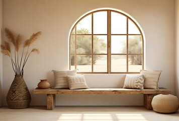 Boho farmhouse interior design with pillows and clay pots on arched windows. AI generated Images