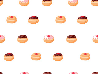 Bakery doughnut Seamless pattern. Cartoon flat vector illustration. Traditional food for Jewish Holiday Hanukkah. Jewish Festival Repeated vector For wallpaper, wrapping, textile, scrapbooking