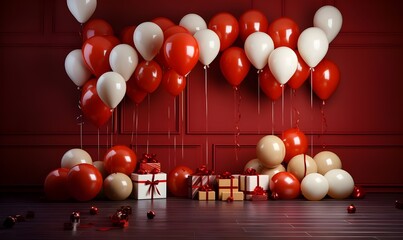 Christmas background decor with various balloons and socks on red floor