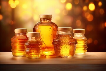 Assorted honey bottles in different shapes with sunset illumination on rural blurred background. Generative AI