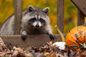 One raccoon peering through wooden deck rails, looking at camera, with pumpkins and fall foliage in the frame.