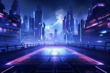 Urban nocturnal setting with futuristic atmosphere highlighted by vibrant illuminations. Generative AI