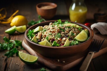 Wholesome quinoa salad with chicken, avocado, lime, and mixed greens on a wooden background. Generative AI