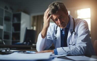 Stressed doctor in the clinic under pressure, Generative AI
