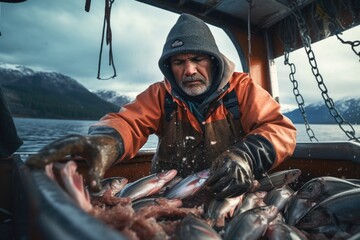 Alaska fisherman working on the boat catching fish.Fishing industry