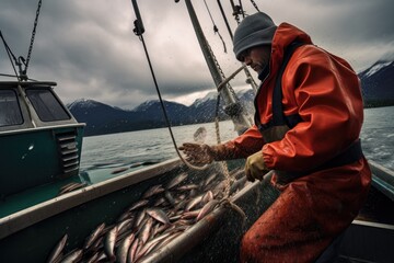 Alaska fisherman working on the boat catching fish.Fishing industry - obrazy, fototapety, plakaty