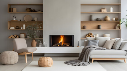 Sofa and poufs against fireplace and wooden shelving units. Scandinavian home interior design of modern living room