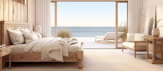 White wooden armchair in coastal bedroom
