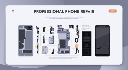 Phone repair landing. Home page template with cracked display and smashed touch screen. Web page with broken cell phone vector concept. electronic service for smart phone maintenance - obrazy, fototapety, plakaty