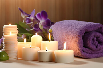 Spa still life in pink with orchid flowers candles and towels