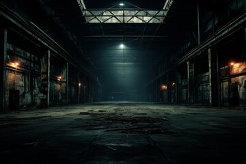 Desolate Dark empty warehouse. Hall inside floor. Generate Ai