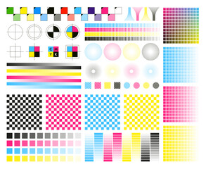 Printing CMYK marks. Color calibration plate with registration marks for press printing, prepress plate. Vector swatch set of cmyk color digital, bar calibration illustration © Frogella.stock