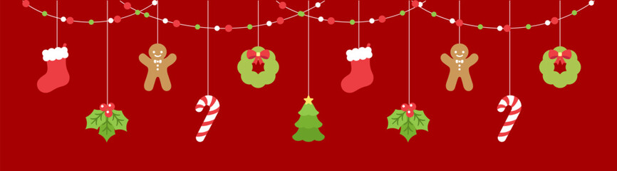 Naklejka na ściany i meble Merry Christmas Border Banner, Hanging Ornaments Garland. Winter Holiday Season Header Decoration. Web Banner Template. Vector illustration.