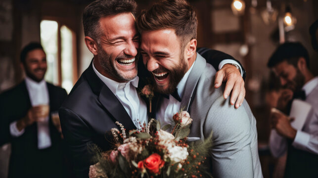Happy gay couple just married celebrating. 