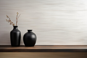 Black vase on wooden shelf against white background wall. AI Generated Images