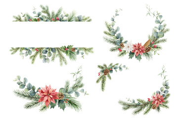 Christmas fir branches, red flowers and eucalyptus greenery frame set. Borders for holiday greeting card and invitation. Watercolor hand painted illustration. Xmas template. - 667055597