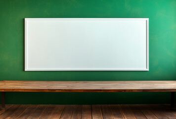Blank chalkboard on wooden table with green wall background. AI generated Images - Powered by Adobe