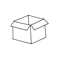 Cardboard box, open and empty. Doodle. Vector illustration. Hand drawn. Outline. 