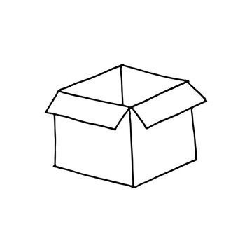 recommend clip art: Cardboard box, open and empty. Doodle. Vector illustration. Hand drawn. Outline. 
