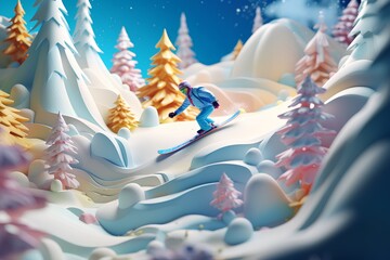 樹氷と雪山スノボー（3D）ジオラマ
