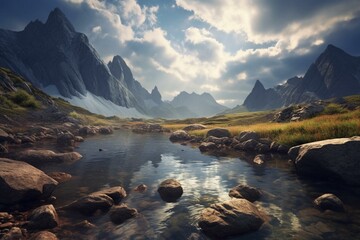 A mountainous lake with rocks in the water and a cloudy sky featuring a few clouds above. Generative AI