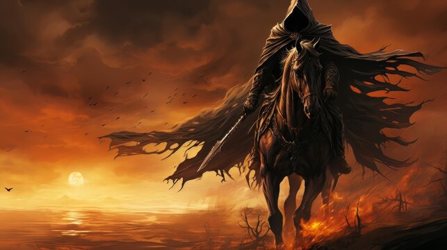Black horseman of apocalypse riding black horse AI