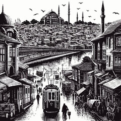 istanbul city vector art black ink