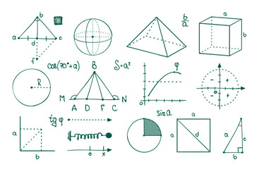 Math graphs. Parabolas, cosine, sine and tangent curves. Geometric figures and functions. Vector college algebraic symbols. Illustration of chart mathematics parabola - obrazy, fototapety, plakaty