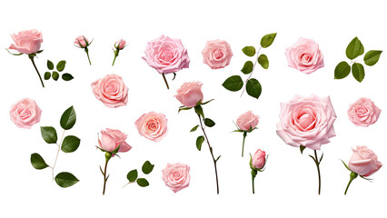 A collection, set of bunch of pink roses with green leaves , transparent PNG - obrazy, fototapety, plakaty