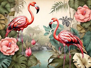 Tropical Flamingo Paradise in the Rainforest Watercolor Illustration.