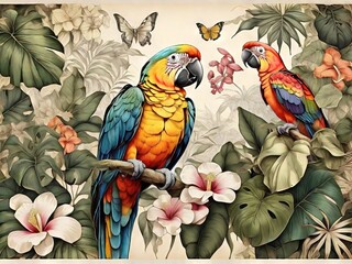 Tropical Macaws, Parrots and Flowers in the Rainforest Watercolor Painting Illustration. 